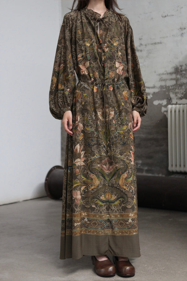 INTO THE EAST 25 Autumn/Winter Silk Print Drawstring Dress ITE-E1DGAW017GR21DS-LV Green